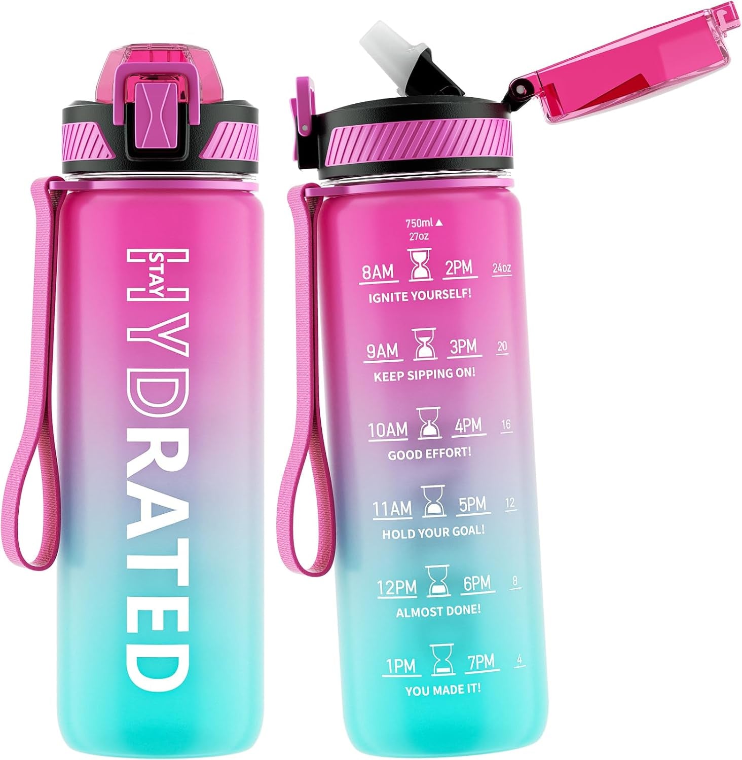 32oz Motivational Water Bottle with Straw and Time Marker, BPA-Free Tritan Sports Bottle with Carry Strap, Leakproof Design for Gym and Outdoor Use (1 Pack)