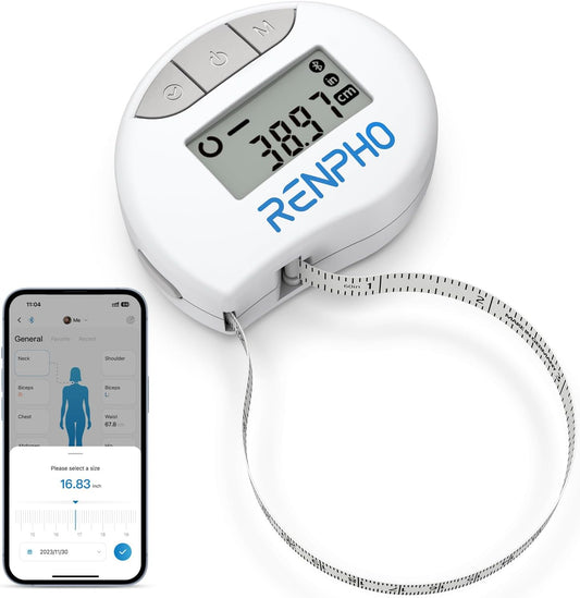 RENPHO Smart Body Measuring Tape with Bluetooth Connectivity and App Integration for Weight Loss and Fitness Tracking, 60In/150Cm, White