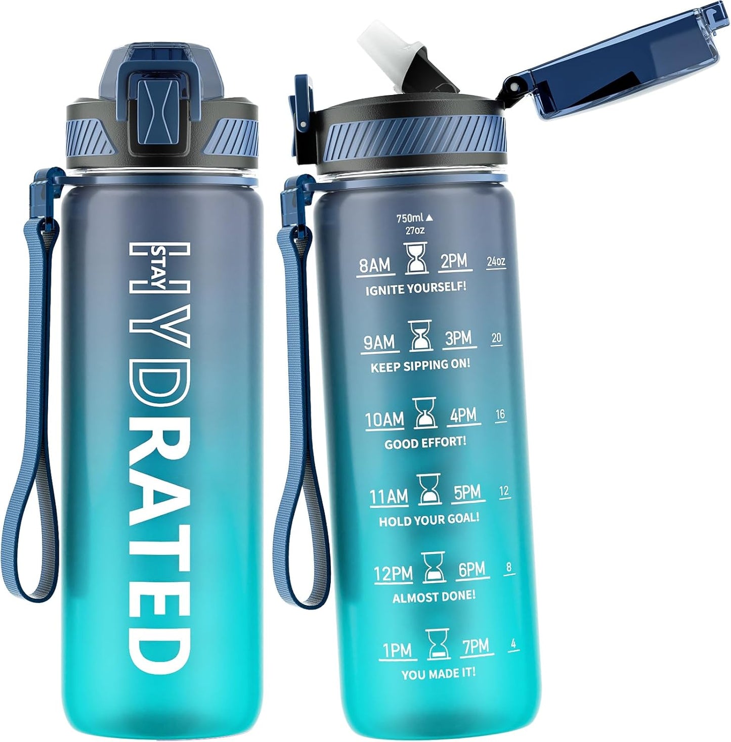 32oz Motivational Water Bottle with Straw and Time Marker, BPA-Free Tritan Sports Bottle with Carry Strap, Leakproof Design for Gym and Outdoor Use (1 Pack)