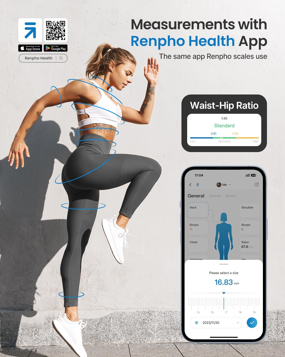 RENPHO Smart Body Measuring Tape with Bluetooth Connectivity and App Integration for Weight Loss and Fitness Tracking, 60In/150Cm, White