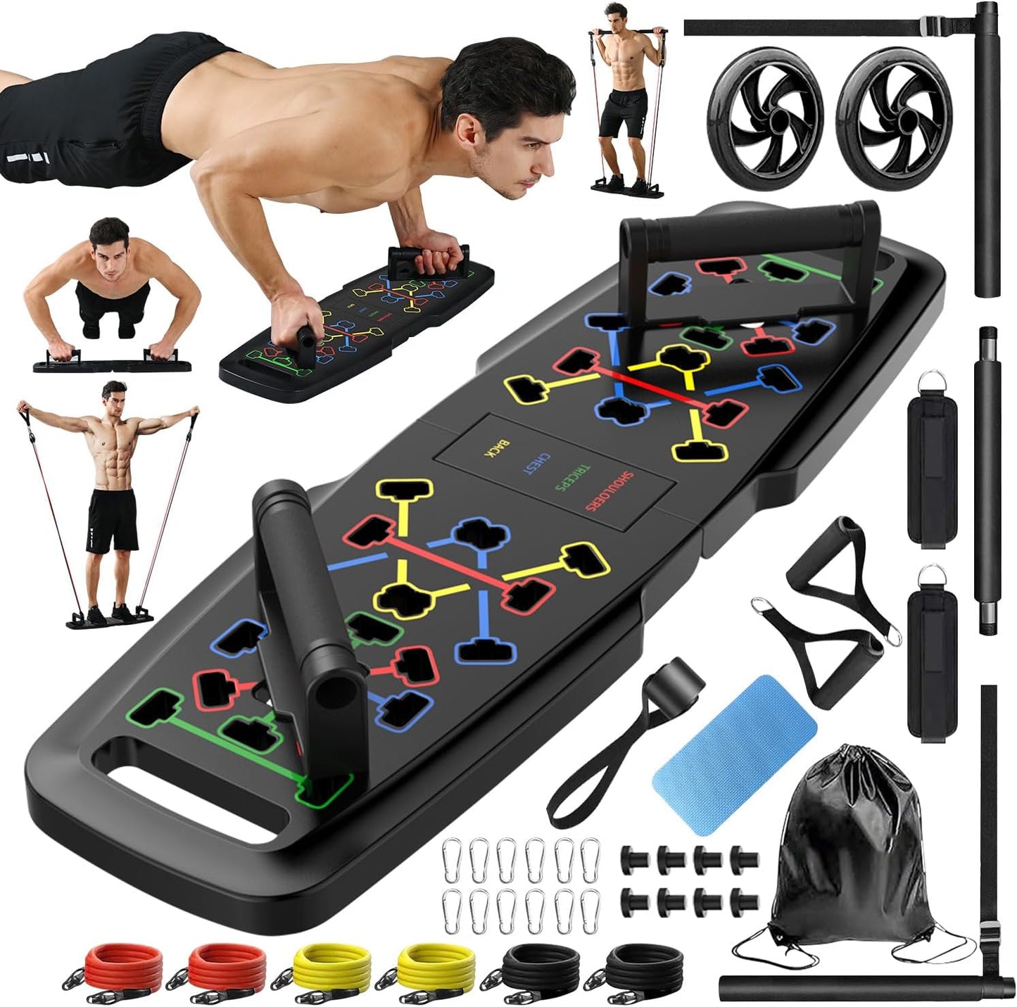 Push-Up Board and Home Gym Set with Pilates Bar, Resistance Bands, Ab Roller Wheel, and 20 Fitness Accessories for Comprehensive Full Body Workouts at Home