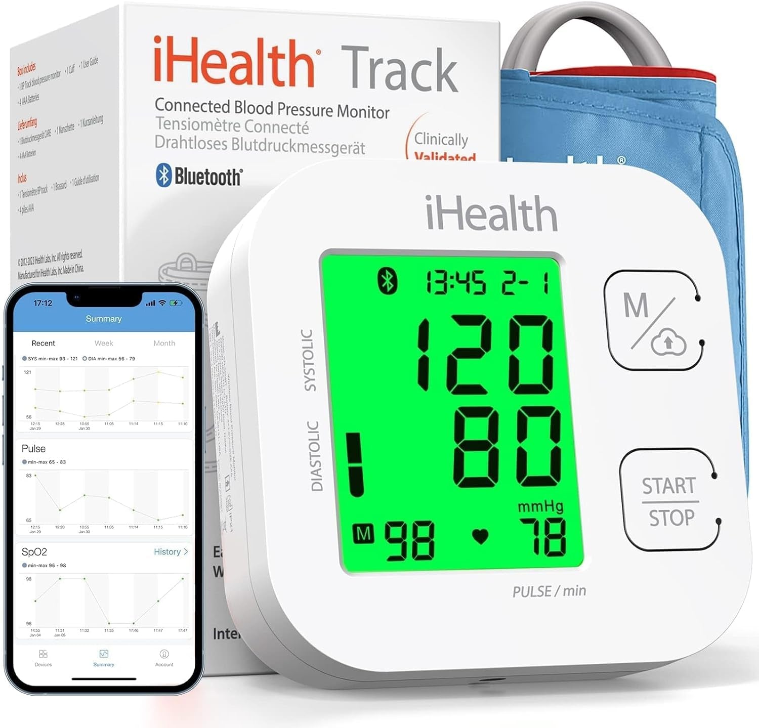 iHealth Track Smart Upper Arm Blood Pressure Monitor with Adjustable Cuff for Standard to Large Adult Arms, Bluetooth Compatible with iOS and Android Devices