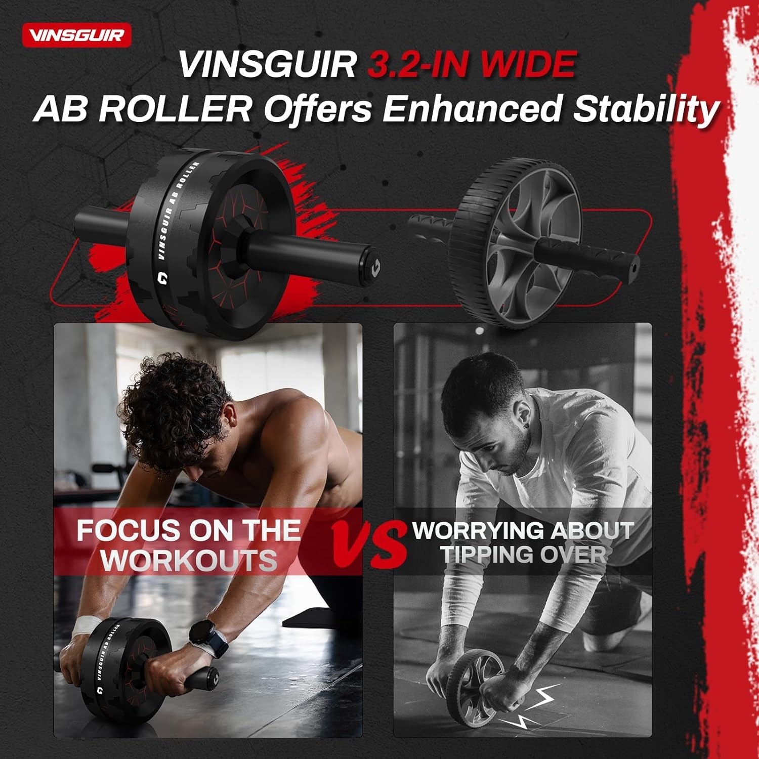 Vinsguir Ab Roller Wheel - Professional Abs and Core Strength Training Equipment with Knee Pad Accessories for Home Gym Fitness