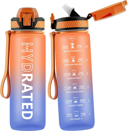 32oz Motivational Water Bottle with Straw and Time Marker, BPA-Free Tritan Sports Bottle with Carry Strap, Leakproof Design for Gym and Outdoor Use (1 Pack)